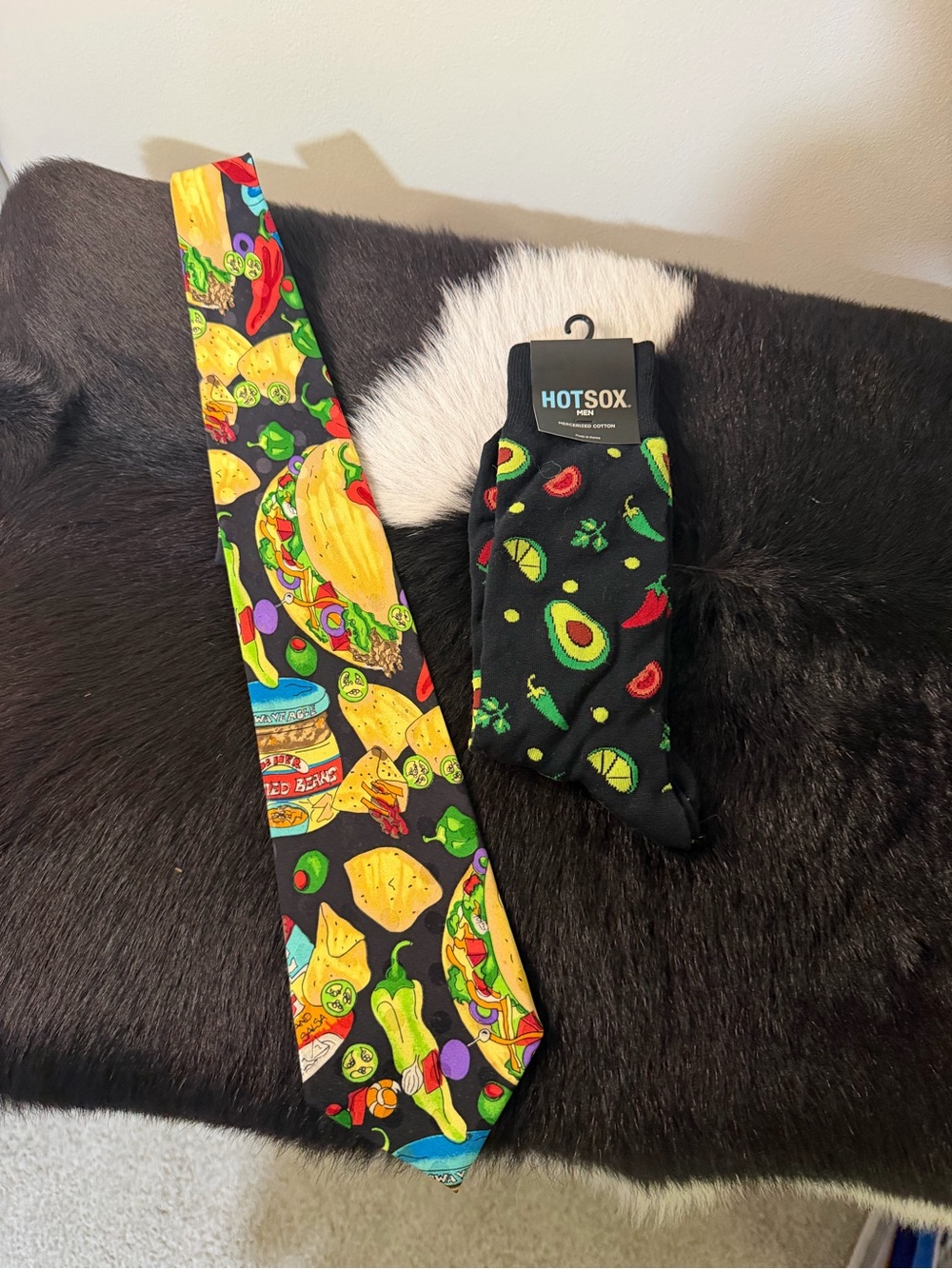 Hot Sox Black Tie and Socks Set with Avocado, Taco & Chili Motifs